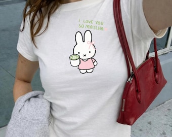Y2K I Love You So Matcha Miffy Baby Tee - Coquette Aesthetic Top, Kawaii Bunny Shirt, Vintage Style Crop, Cool Girls Drink Matcha Shirt