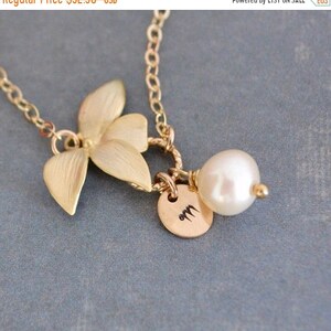 15% de descuento personalizado oro chapado salvaje orquídea flor pulsera, perla de agua dulce, 14K oro lleno cadena, regalo monograma, regalo bajo 35