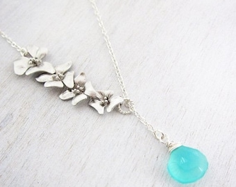 15% OFF Silver Cherry Blossom Flower Lariat with Aqua Chalcedony,  Silver Chain, Gift for Her, Wedding Jewelry, Gift Under 35