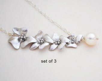Discounted Set of 3 Silver Cherry Blossom Lariat with Freshwater Pearl, Sterling Silver Chain, Bridesmaid Gift,  Wedding Jewelry
