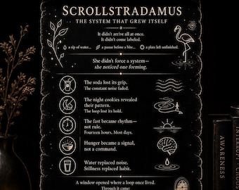 Scrollstradamus: het systeem dat zichzelf uitbreidde | Zwarte esthetische digitale download | Gewoonteverschuiving en bewustzijn scrollen | png