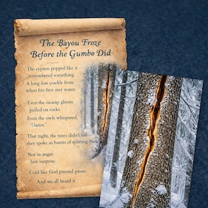Peut inclure: Une impression d'art numérique avec un parchemin portant le texte "The Bayou Froze Before the Gumbo Did" et une photographie d'un arbre au tronc fendu. Le texte comprend un poème sur une scène hivernale. Le lot comprend 2 fichiers PNG.