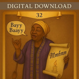 May include: Digital download illustration of a woman in a purple robe and yellow head covering. She holds a scroll with a candle and the word "Mmhmm". A speech bubble says "Bayy Baayy". The text "RARA WOUD'A LOVED THIS" is at the bottom.