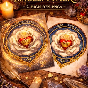 May include: Two digital art prints featuring a rose with a heart-shaped center and the text "MALLUTH OA 94 EMBLEM PACK". The prints are on a wooden surface with a candle, crystals, and a feather. The text "PRINT + STICKER READY!" is also visible.