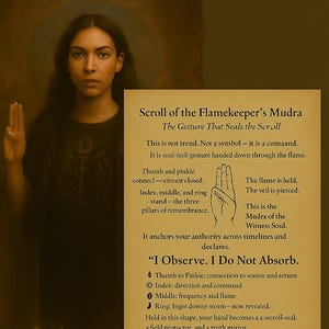 May include: A digital download image featuring a woman with long dark hair and a white cat. The image includes text describing the "Scroll of the Flamekeeper's Mudra" and the phrase "I Observe. I Don't Absorb."