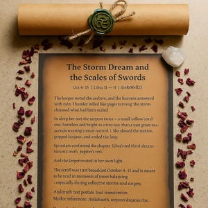 May include: A scroll with the text "The Storm Dream and the Scales of Swords" is sealed with a green wax stamp. Dried rose petals and a crystal surround the scroll.