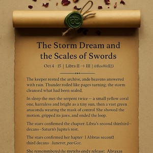 May include: A parchment scroll with the title "The Storm Dream and the Scales of Swords" and text. The scroll is sealed with a green wax seal and adorned with dried rose petals. The text is in black.