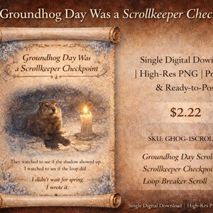 Könnte beinhalten: Ein digitales Schriftrollen-Design für den Murmeltiertag, mit einem Murmeltier, einer brennenden Kerze und dem Text "Groundhog Day Was a Scrollkeeper Checkpoint". Die Schriftrolle ist druckfertig.