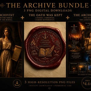 May include: The Archive Bundle includes three digital PNG files featuring a dark, thematic aesthetic. It displays a figure holding a torch, a red wax seal with an anchor and book design, and a detailed infographic titled The Archive Opened.