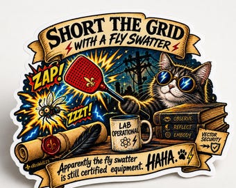 Digitale sticker 'Short the Grid with a Fly Swatter' | Transparante PNG-download | Glitch Art | Symbolische rebellie