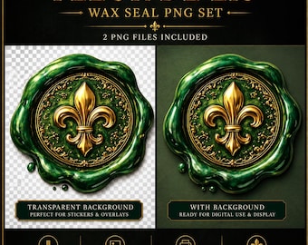 Fleur de Lis lakzegel png-set | Smaragdgouden vintage embleem (digitale download)