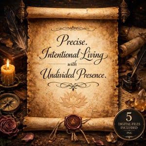 May include: A vintage-style scroll with the text "Precise. Intentional Living with Undivided Presence." The scroll is adorned with a floral design, a wax seal, and a small circular graphic that says "5 Digital Files Included PNG."
