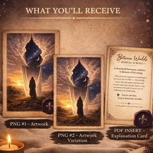 May include: Digital artwork set featuring two PNG images and a PDF explanation card. The artwork depicts a figure standing before a celestial portal. The text on the card reads "Between Worlds". A lit candle and crystals are also visible.