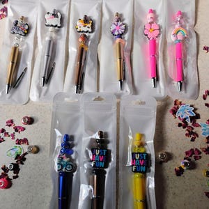 Focal Bead Pens: Silicone Charm Ballpoint Gift Pens (Cats, Flowers, Rainbows)