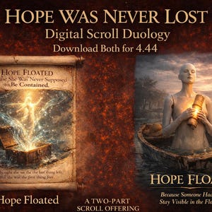 Puede incluir: Obra de arte digital que presenta dos imágenes en forma de pergamino. Una muestra un cofre abierto con luz, la otra una figura en un bote sosteniendo un pergamino brillante. El texto incluye "Hope Floated" y "Hope Floats".