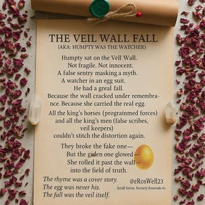 May include: A scroll titled "THE VEIL WALL FALL" featuring a poem about Humpty Dumpty, sealed with green wax and twine. The scroll is surrounded by dried rose petals, with two quartz crystals on either side.