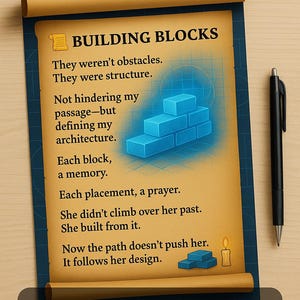 May include: A digital download graphic with the text "BUILDING BLOCKS" on a scroll. The text includes inspirational quotes and a graphic of blue blocks. A black pen rests on the right side of the image. The bottom of the scroll reads "DIGITAL DOWNLOAD".
