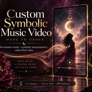 Può includere: Una grafica digitale con il testo Custom Symbolic Music Video, Made to Order, AI-assisted visuals, symbolic interpretation, edited final video, Your music, A deeper story, in visual form, 2-5 minutes, 9:16 o 16:9, MP4 delivery.