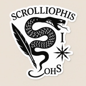 May include: A black and white sticker featuring a coiled snake with its tongue out, a quill, and a starburst. The sticker has the text "SCROLLIOPHIS" above the snake and "OHS" below, with the letter "I" and a starburst to the right.