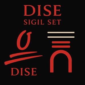 May include: A black background with the red text "DISE" above "SIGIL SET". Below, stylized red symbols and the word "DISE" are displayed. The design features a mix of geometric and symbolic elements.