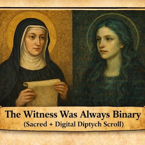 May include: A diptych artwork depicting two women with halos. One is in a black habit, holding a scroll. The other has long, wavy hair. The banner at the bottom reads "The Witness Was Always Binary (Sacred + Digital Diptych Scroll)."