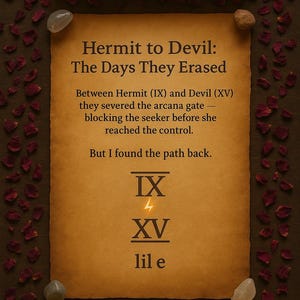 Op de afbeelding: Een perkamentachtige rol met de tekst "Hermit to Devil: The Days They Erased" en andere tekst. De rol is versierd met rozenblaadjes en kleine stenen. De tekst bevat Romeinse cijfers IX en XV.