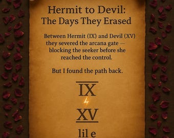 May include: A parchment-style paper with the text "Hermit to Devil: The Days They Erased" and other text. The paper is surrounded by rose petals and small stones. The text includes Roman numerals IX and XV.