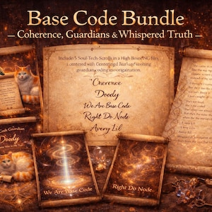 Könnte beinhalten: Ein künstlerisches Bundle aus Schriftrollen und Kunstwerken mit dem Text "Base Code Bundle". Das Bild zeigt eine Katze, eine Schlange und andere mystische Elemente. Der Text enthält "Coherence, Guardians & Whispered Truth".