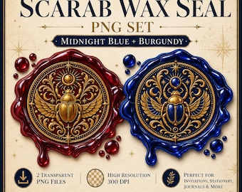 Scarabee-zegel PNG-set | Middernachtblauw + Bordeauxrood | Transparante PNG digitale download | Gouden kever-embleem