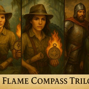 May include: An illustrated triptych featuring a woman in a safari hat and shirt holding a flaming compass. The text "The Flame Compass Trilogy" is at the bottom. The artwork has a vintage, adventure theme.