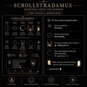 Puede incluir: Descarga digital gráfica con el texto "SCROLLSTRADAMUS" y "AWARENESS OPENS THE WINDOW." La imagen presenta diagramas y texto sobre la conciencia y la acción, con una estética negra. Incluye iconos para descarga y alta resolución.