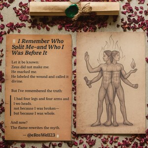 May include: An artistic composition featuring two cards with text and illustrations, a scroll, and a crystal, all surrounded by dried rose petals. One card reads "I Remember Who Split Me-and Who I Was Before It". The other card depicts a figure with four arms and two heads.