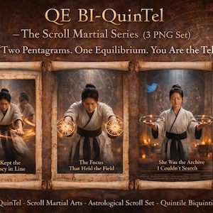 Può includere: Un set di arte digitale intitolato "QE BI-QuinTel - The Scroll Martial Series" con tre immagini di una persona in abbigliamento da arti marziali. Ogni immagine ha una posa e un testo diversi: "She Kept the Frequency in Line", "The Focus That Held the Field" e "She Was the Archive I Couldn't Search".