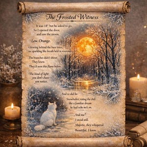 May include: Vintage parchment scroll with a winter poem titled "The Frosted Witness." The artwork features a white cat, a moonlit forest scene, and text. The scroll is 18 inches long.