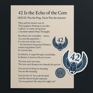 May include: A beige card with the text "42 Is the Echo of the Core" and a poem. Two blue stickers with the number 42 and a scarab beetle design are also present. A circular maze symbol is also visible.