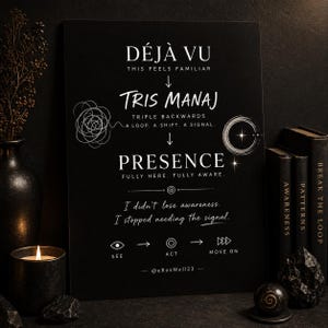 Op de afbeelding: Zwart-wit kunstafdruk met de woorden "DÉJÀ VU", "TRIS MANAJ" en "PRESENCE". De afdruk bevat de tekst "This feels familiar", "Triple backwards, a loop, a shift, a signal", en "Fully here, fully aware".