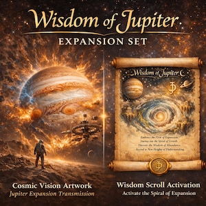 May include: An image with the text "Wisdom of Jupiter" and "Expansion Set." It shows a cosmic artwork of Jupiter and a scroll with text about expansion and understanding. The artwork is in shades of orange, brown, and blue, with a space theme.