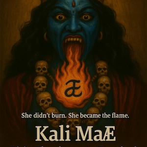 May include: Digital art print featuring a blue-skinned deity with a crown, open mouth, and a flame-like tongue. The image includes text that reads "Kali MaE" and "Divine Flamekeeper Art Download."