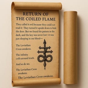 May include: A rolled parchment with the text "RETURN OF THE COILED FLAME" and a symbol. The text describes a hidden pattern and the Leviathan Cross. A brown cardboard tube is next to the parchment.
