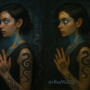 May include: A digital painting of a person with dark hair and glowing blue eyes. The person has a gold eye symbol on their forehead and blue and gold markings on their neck. A snake tattoo is visible on the arm.