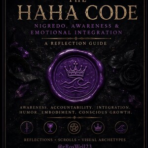 Op de afbeelding: Boekomslag met de titel "THE HAHA CODE" in gouden letters. De omslag toont een paarse zegel met een kroonontwerp, omringd door donkere bloemen en kristallen elementen. Tekst bevat "Nigredo, Awareness & Emotional Integration."