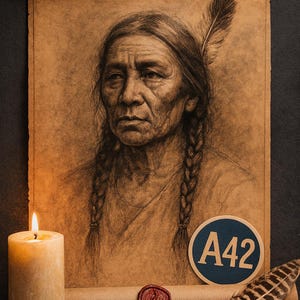 Könnte beinhalten: Sepiafarbenes Porträt einer amerikanischen Ureinwohnerin mit langen Zöpfen und einer Feder im Haar. Das Kunstwerk befindet sich auf einer Schriftrolle, mit einer brennenden Kerze und einer Feder in der Nähe. Ein blau-weißer Kreis mit dem Text "A42" ist ebenfalls vorhanden.