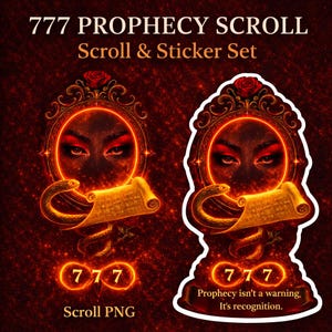 May include: A digital art image featuring a scroll and sticker set with a mystical theme. The design includes a mirror with eyes, a snake, and a scroll. The text reads "777 PROPHECY SCROLL" and "Scroll & Sticker Set". The background is a dark red.