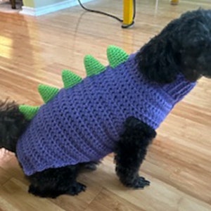 Puede incluir: Un perro negro con un disfraz de dinosaurio de crochet morado y verde. El perro está sentado en un suelo de madera.