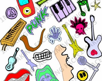 MP3 Player, Peace Sign, Lightening Bolt, Keyboard, Microphone, Mouth,Guitar, Star, Hand,Pause Button, Horn, Punk, Eye, SVG Cutting File Kit