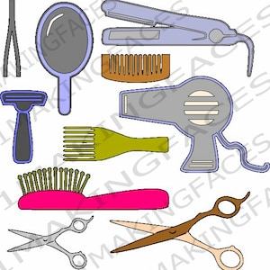 Haar-Pflege-Tools, 2 Scheren, Flacheisen, Schlag Trockner, Rasierer, Pinzette, Spiegel, Bürste, Haare holen, Kamm, SVG schneiden Datei Kit
