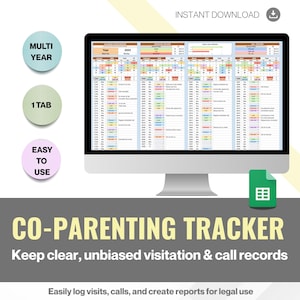 Co-parenting tracker, call log, custody records, yearly stats, monthly breakdown, legal custody tracker, spreadsheet template, court log