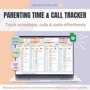 Parenting time tracker, call log, custody tracker, yearly visitation report, monthly custody stats, co parenting sheet, spreadsheet template