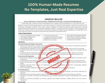 May include: A resume with the text "100% Human-Made Resumes, No Templates, Just Real Expertise" at the top. The resume is for Jessica Miller, a Finance Professional. A red "URGENT" stamp is visible. A black pen rests on the right side.