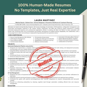 May include: A resume with the name "LAURA MARTINEZ" at the top, highlighting her experience as a DevOps Engineer. The resume emphasizes skills in automation, CI/CD pipelines, and cloud technologies. The text "100% Human-Made Resumes" is at the top.